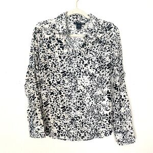 Saint Tropez West Top Linen Blend Black White Animal Print Button Front Womens M
